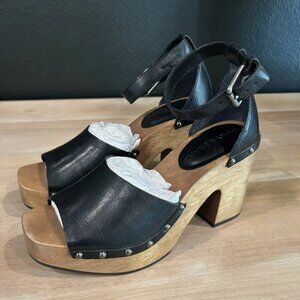 NEW! Lucky Brand Women's 6M Black Leather Wooden Nelora Platform Clog Strap Heel